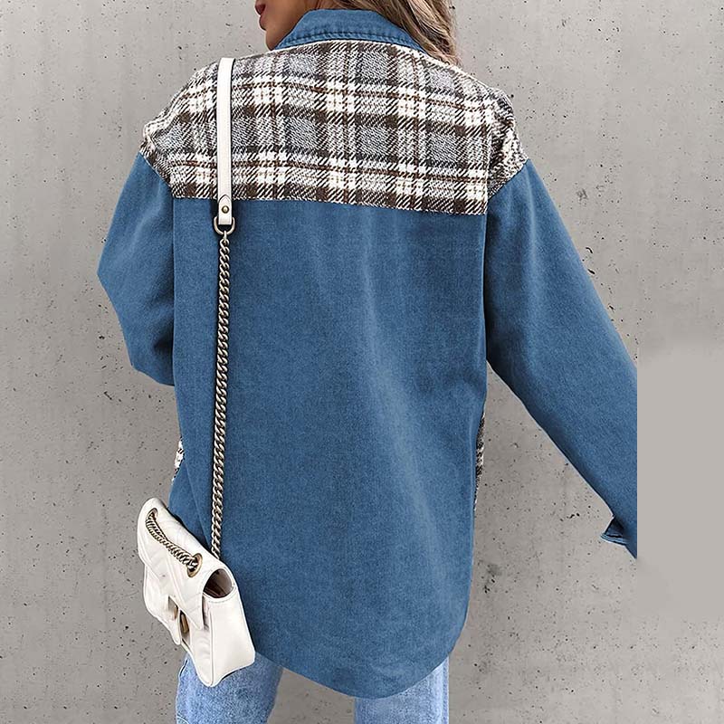 Denim Jacket Checkered Button Up Shirt Jacket Women's Patchwork Jacket Warm Comfortable Commuter Long Sleeved Shirt Autumn Winter