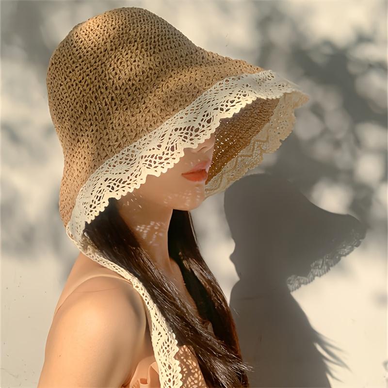 Women'S Wide Brim Sun Hat for Summer, Breathable & Foldable with Lace Trim and Adjustable Chin Strap - Lightweight Crochet Beach Hat, Protection