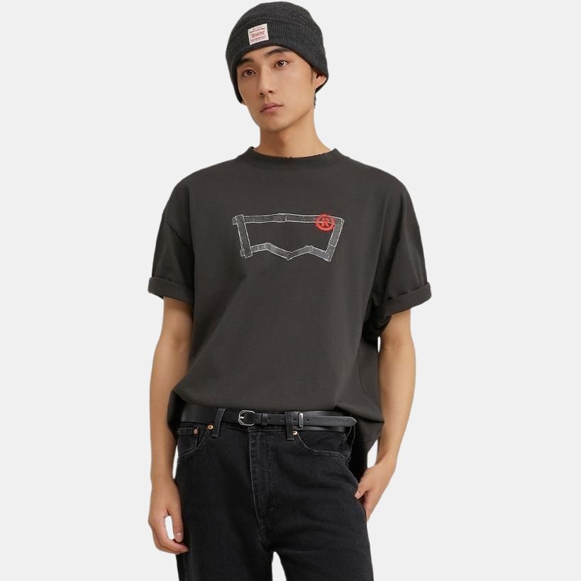 Levis Logo Print Loose Fit Crew Neck Short Sleeve T-Shirt Men Tops Black 001B0-0000