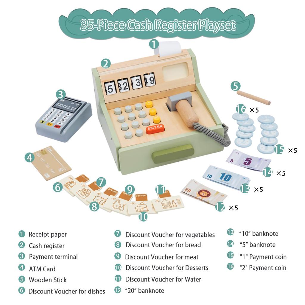 UMU Cash Register Toy Self-Checkout Set - Pretend Play Shopkeeper - Wooden Toy with Money and Bills - 35 Pieces - Educational Toy - Shopping Together