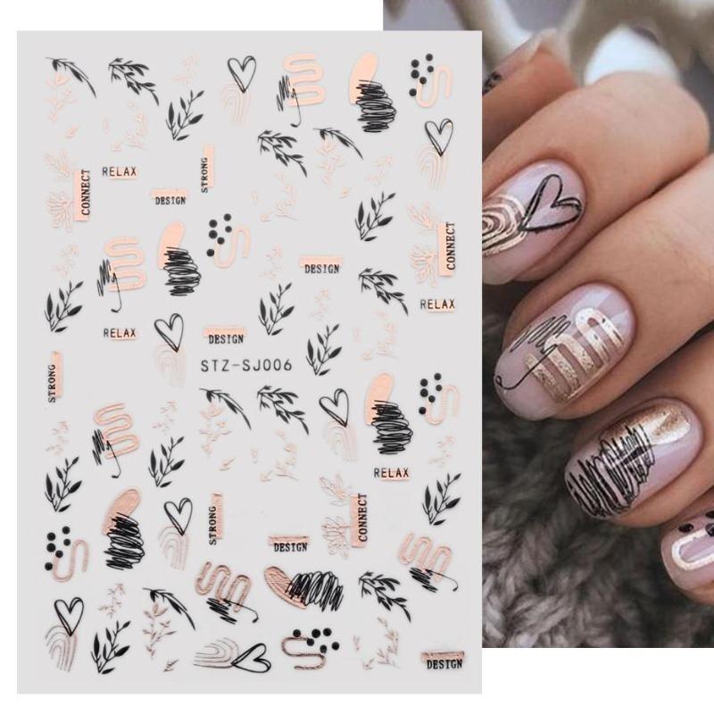 Graffiti Strips Nail Stickers for Women Nail Art Decorations Rose Gold Abstract Line Spring 3D Slider for Manicure Polish Tattoo