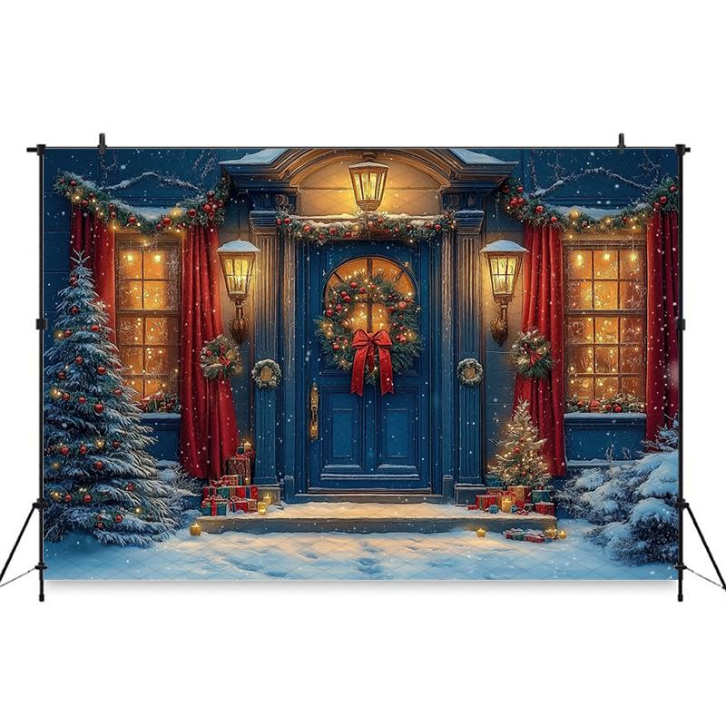 Mocsicka Christmas Blue House Backdrops Soft Washable Snow Gifts Tree Photo Background Light Wreath Door Decors Wallpaper Banner