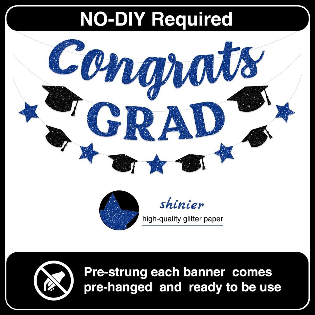 Black and Blue Graduation Party Decorations 2025 Congrats Grad Banner, NO-DIY Graduation Decorations Class of 2025 Congratulations Graduate Banner