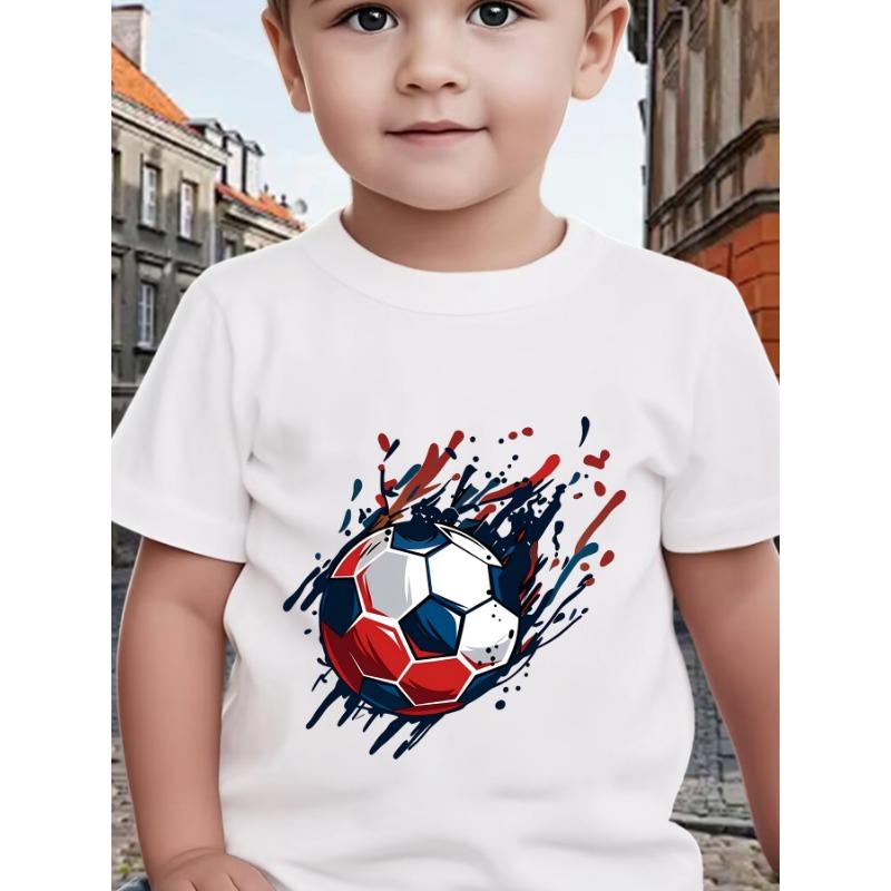European Sizes Boy Fashionable Cartoon "Soccer" Graphic Print T-Shirt Top for Kids Summer Casual Round Neck Short Sleeve Shirt