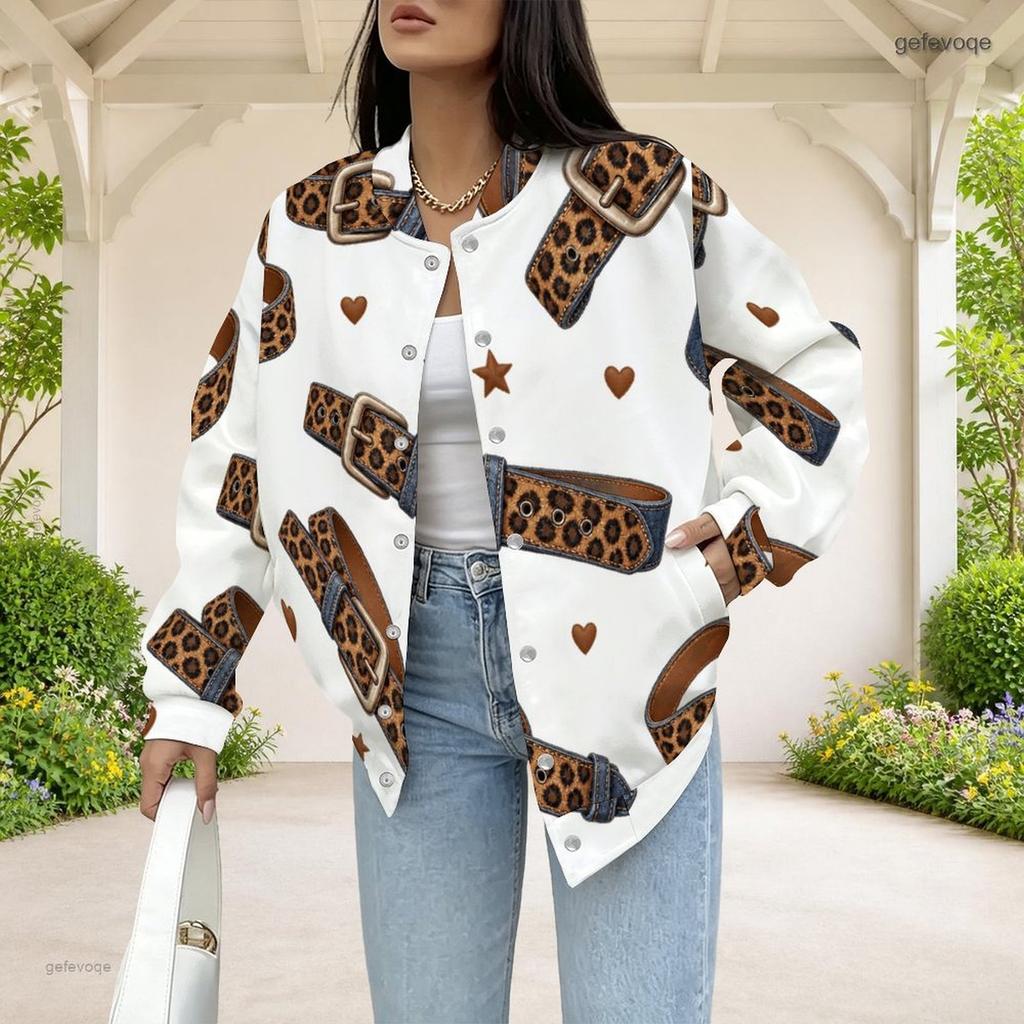 Women Plus Size White Leopard Star Heart Printed Long Sleeve Baseball Collar Jacket With Pockets
