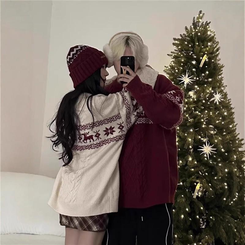 Unisex Nordischer Weihnachtsstrickpullover mit Hirschmotiv Zopfmuster Lockerer Schnitt Winterpullover Teenager Erwachsene