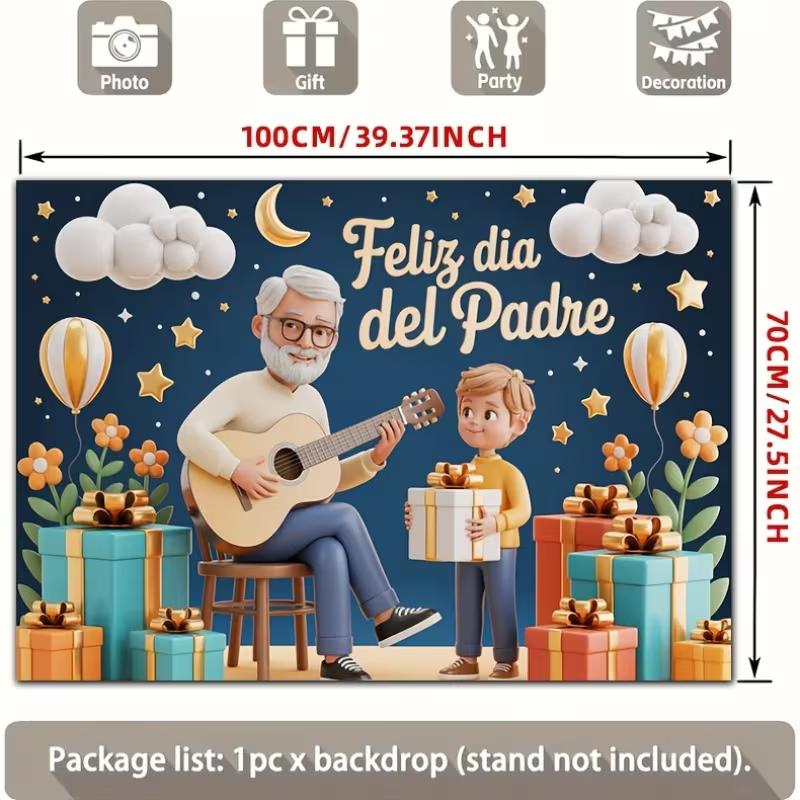 2D Feliz Dia Del Padre Backdrop, Spanish Father's Day Guitar Party Photo Background Banner