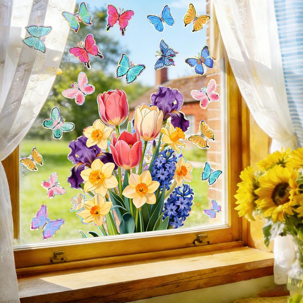 Static Cling Wall Stickers Creative Butterfly Tulip Daffodil for Bedroom Study Living Room Home Decor