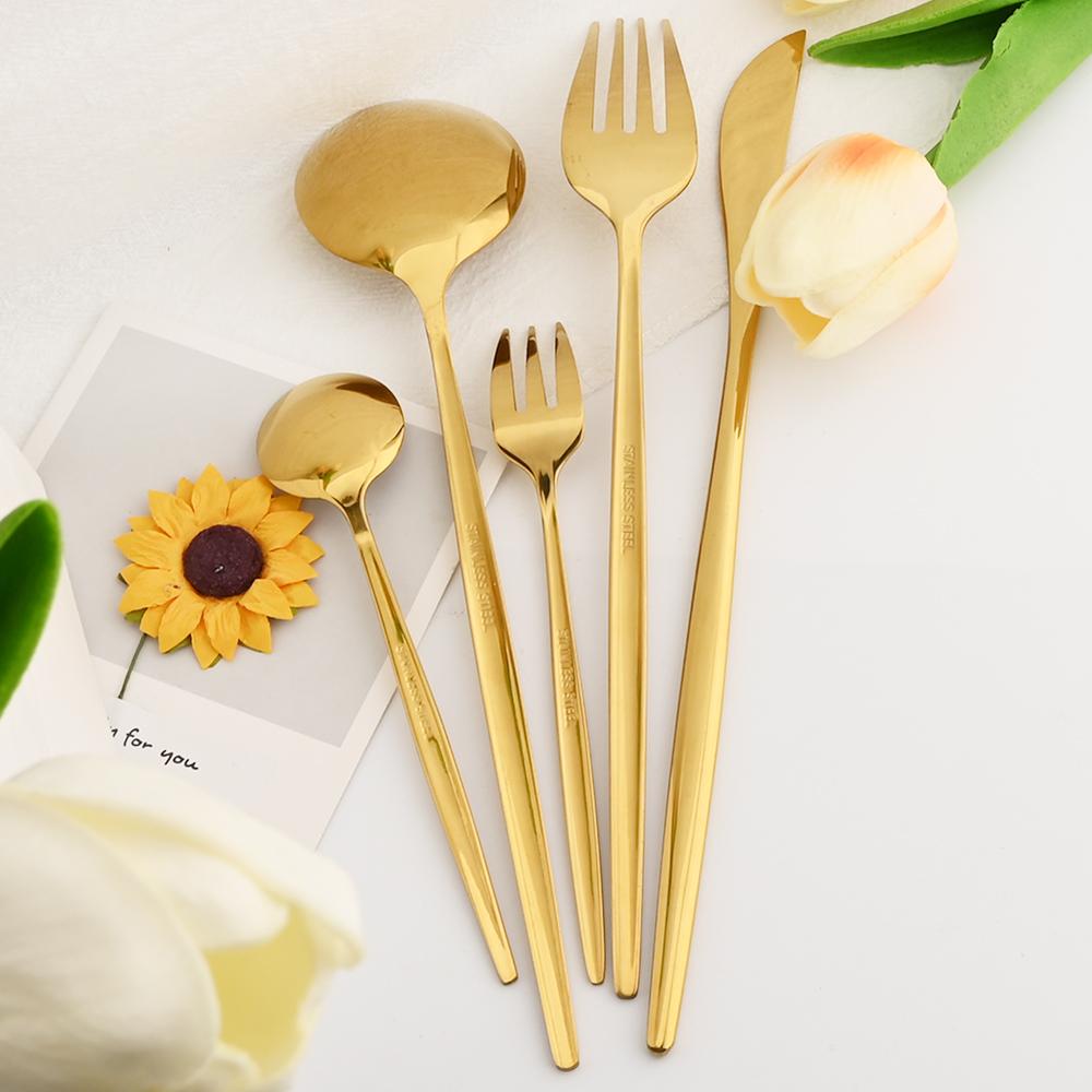 6People Gold Cutlery Set Mirror Stainless Steel Dinnerware Set Knife Cake Fork Tea Spoon Silverware Flatware Party Western Kitchen Tableware