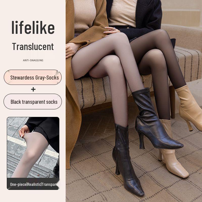 Grey-Black See-Through Base Layer Leggings with Fleece - Women’s Spring/Autumn/Winter Style for Bare Legs Look