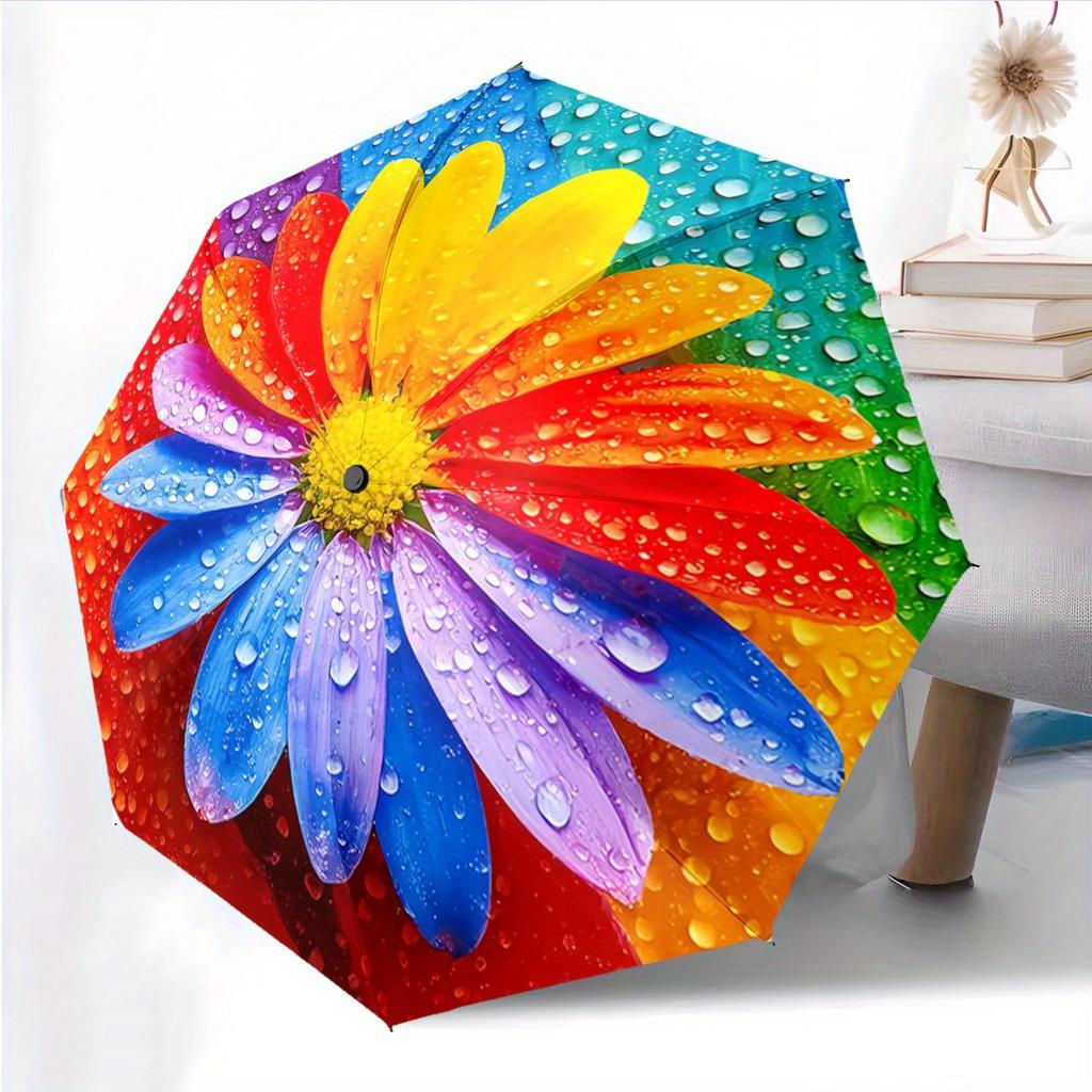 Automatic Folding Umbrella Colorful daisy with water droplets. Portable collapsible design, casual outdoor accessory, Christma