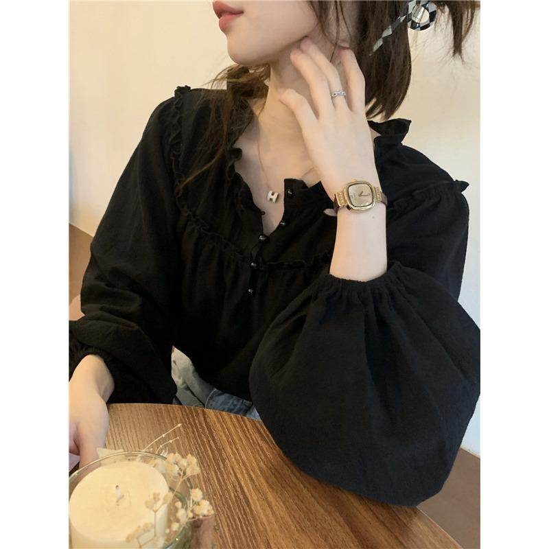 Korean Fashion Spliced Ruffles Shirt French Style Retro Blouse for Women Puff Sleeve Sweet Ladies Casual Loose Elegant Chic Design Shirts Tops