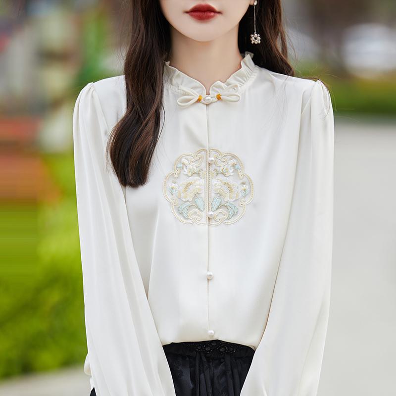 

Женская шелковая рубашка с длинным рукавом и вышивкой, с застежкой-пуговицей в китайском национальном стиле XL (120-135 kg) шампанского