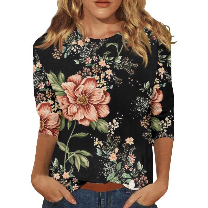 Women's floral print fashionable casual round neck long sleeved shirt