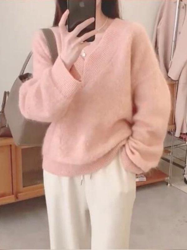 Women's High-End Loose V-Neck Faux Mink Sweater for Autumn and Winter - Soft, Cozy Knitted Pullover