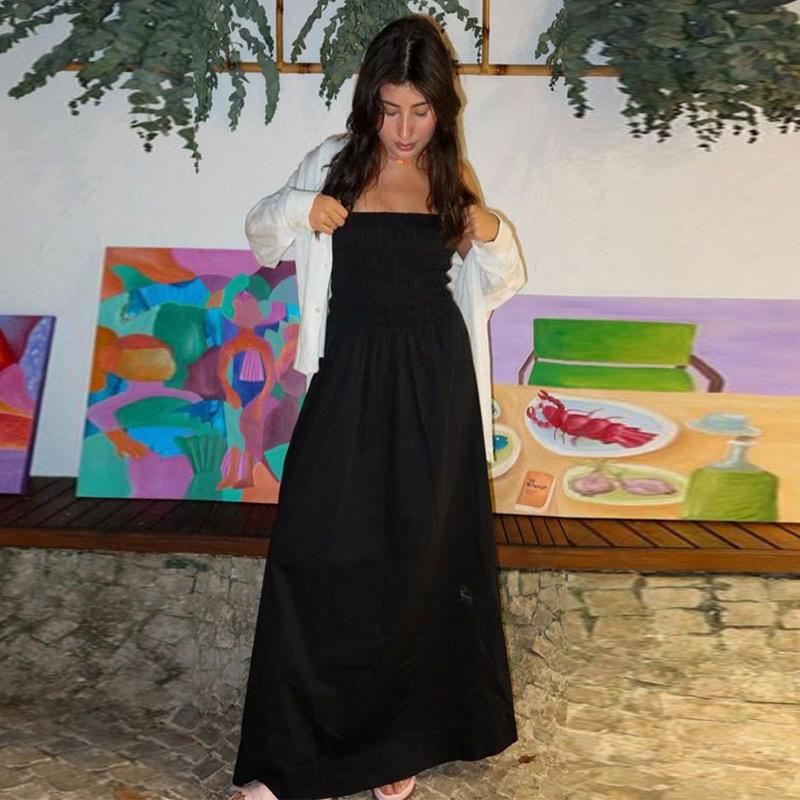 

Полосатое платье миди без бретелек, женское платье с открытой спиной и высокой талией, тонкое эластичное платье для отпуска, весна-лето, уличный женский халат M чёрный