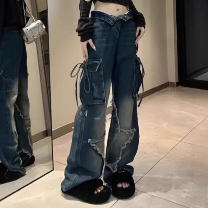 Women's Black Gothic Loose Work Jeans with Stars Harajuku Y2k Aesthetic Vintage Jeans Pockets Design Trousers