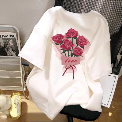 Camiseta feminina de manga curta com estampa de rosas sólidas, casual de verão, folgada, simples e versátil