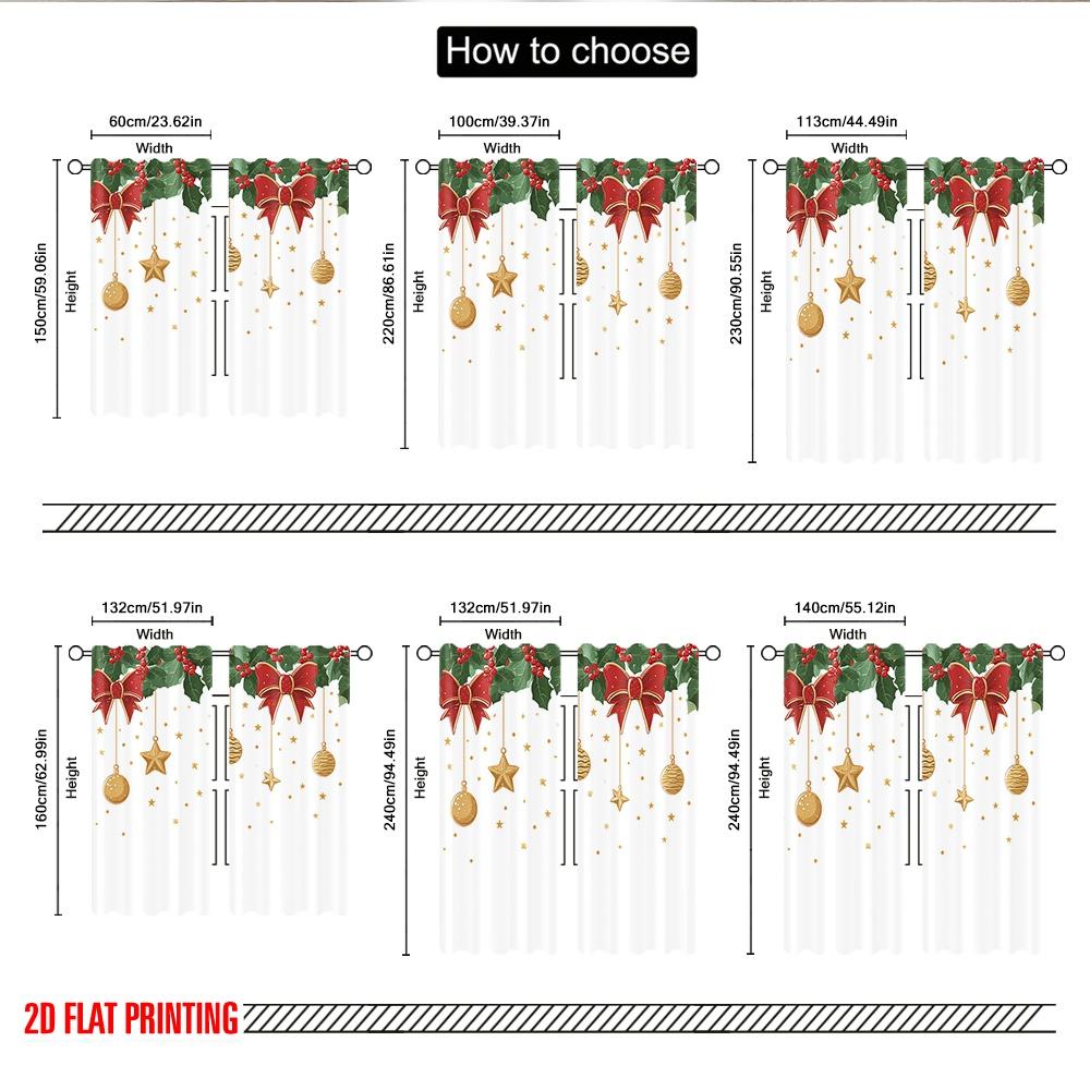 2pcs 2D flat printing Merry Christmas Curtains Christmas Holly Bow Stars Digital Printed Polyester Drapes Family Party Perfect