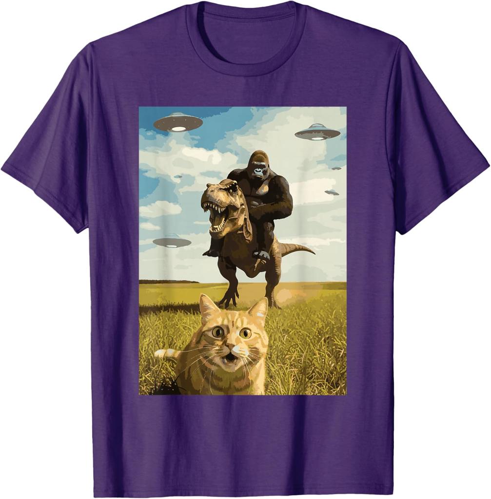 Gorilla Riding T Rex with Cat UFO Meme Graphic Tee Funny Casual Crewneck TShirt for Men