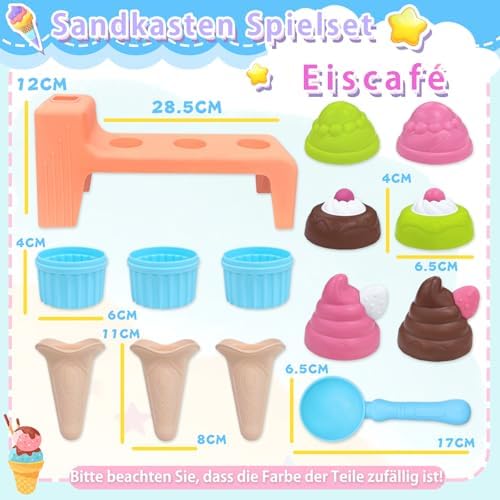 Eisständer Ice Cream Sand Toy Set, Kids Beach Toys for Ages 3+, Outdoor Role Play with Shovel, Cones & Cake Molds