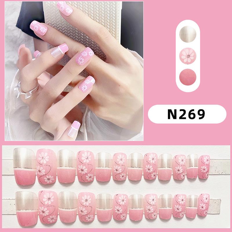 

Французский минималистичный розово-белый пресс-он маникюр с маленькими цветами - Съемные накладные ногти с готовыми типсами для нейл-арта