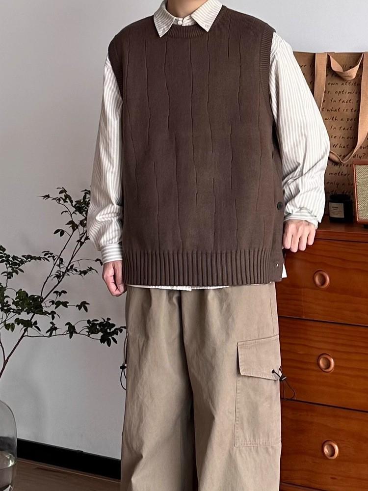 Japansk Retro Herr- & Damstickad Rundhalsad Väst för Lager på Lager Höst & Vinter