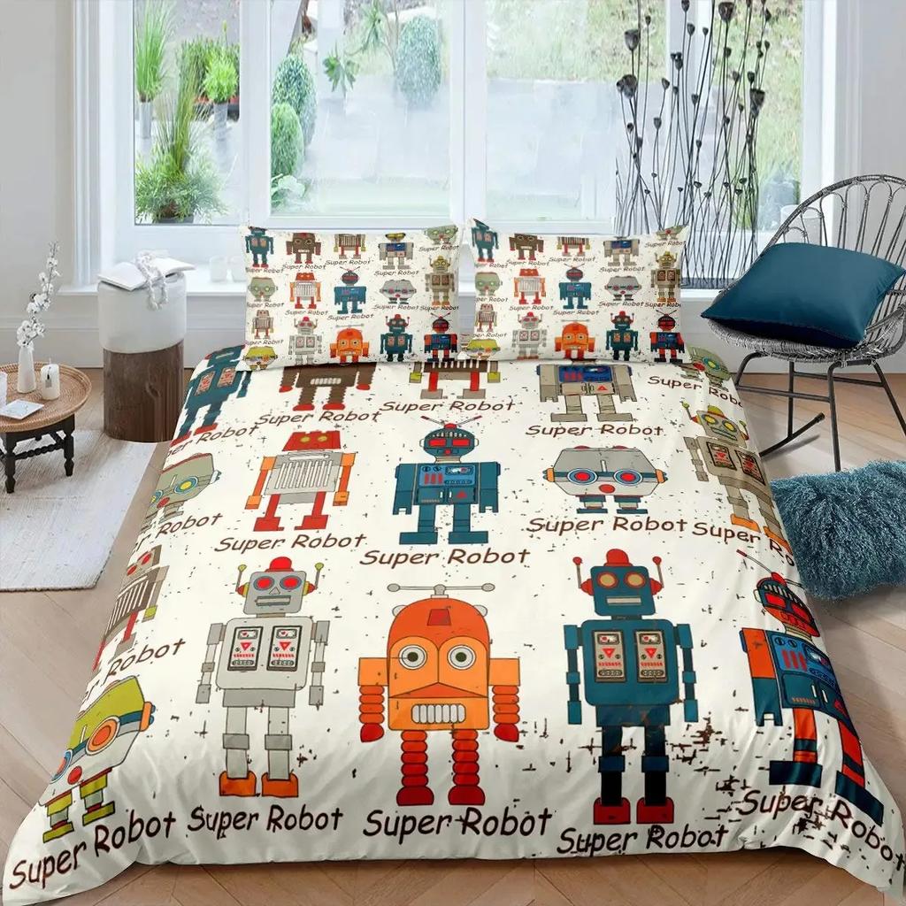 Robot Duvet Cover Set Boys Girls Watercolor Robot Quilt Cover Modern Cartoon Super Robot Pattern Bedding Set Comforter Cover Set