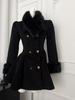 Winter Hepburn Black Fur Collar Woolen Coat French Style Vintage Blends Slim Mid-length Outwear Elegant Lolita Warm Outfits New