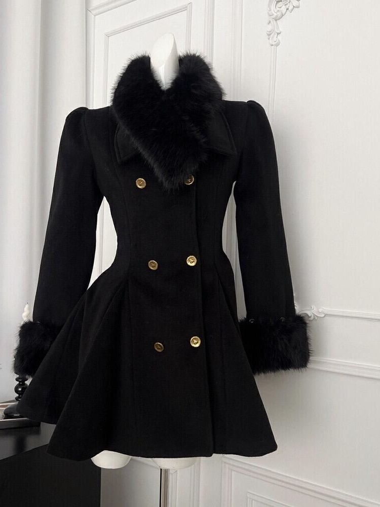 Winter Hepburn Black Fur Collar Woolen Coat French Style Vintage Blends Slim Mid-length Outwear Elegant Lolita Warm Outfits New