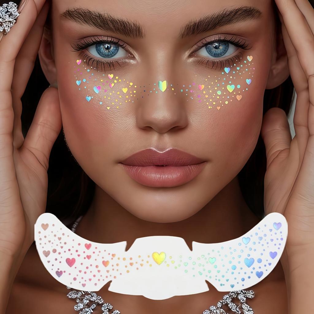 6pcs Glitter Freckle Tattoos - Holographic Heart Face Stickers, Waterproof Temporary Tattoos for Festival & Party Makeup