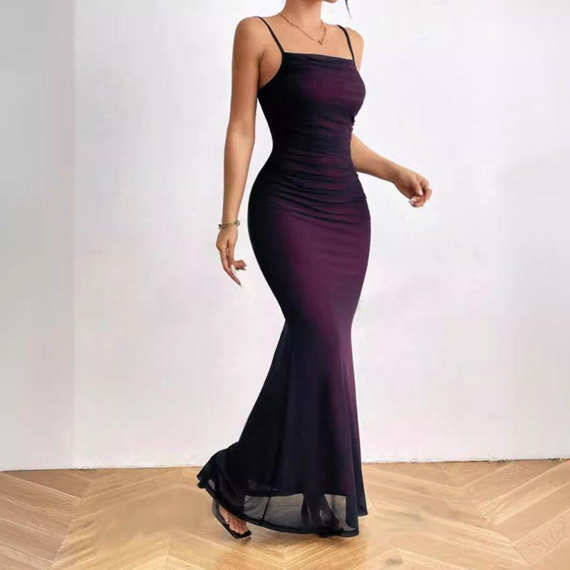

Outfitgirl Purple Square Collar High Waist Sexy Mesh Slim Fit Sling Dress Elegant Sexy Slimming Dress Purple L