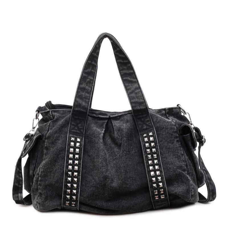Large Capacity 2026 Spring Rivet Denim Tote Bag - Trendy Ins Style, Single Shoulder & Crossbody Bag for Women чёрный