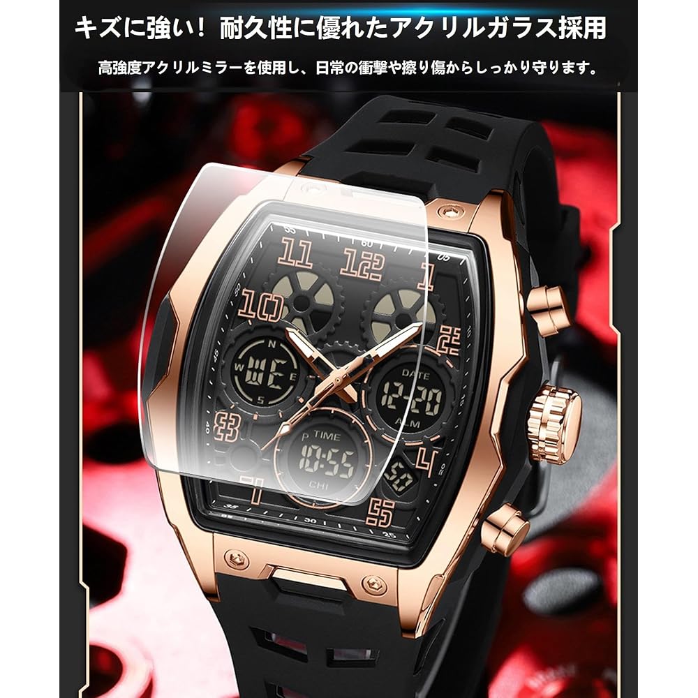 Men's Digital Analog Watch Multi-Function Countdown Stopwatch Alarm Waterproof Pilot Style Sports Watch Silver