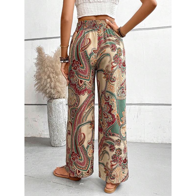 Summer New Fashion Printed Elastic Waist Wide Leg Pants Women Vintage Vacation Beach Pants Casual Woman Simple Thin Office Ladies Long Trousers 25783
