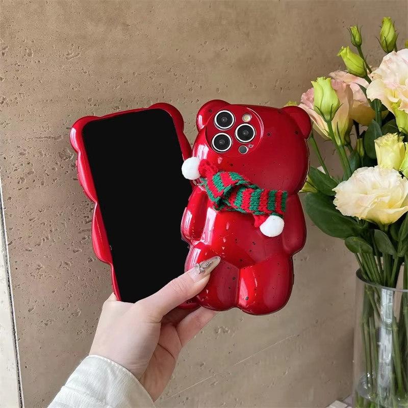 Cute Cartoon Christmas Scarf 3D Splashing Ink Bear Phone Case For iPhone 16 15 14 13 12 11 Pro Max Lovely Gift Back Cover Funda