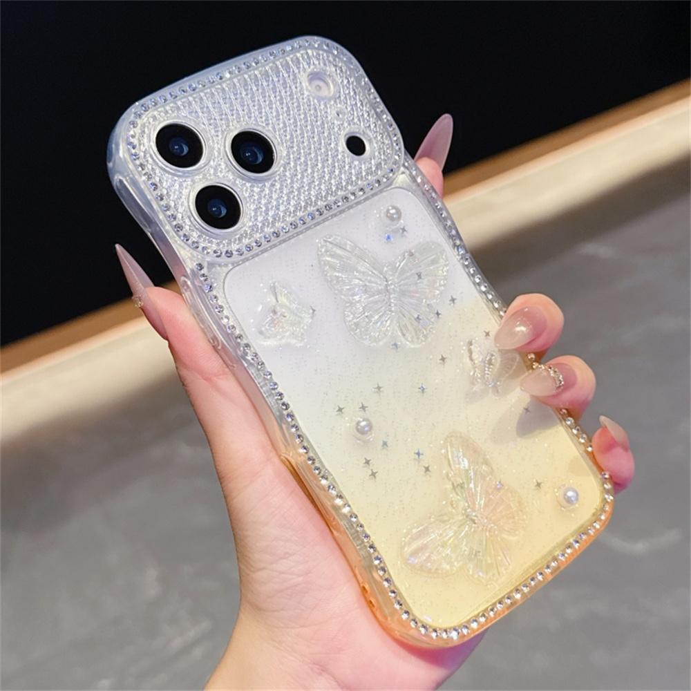 

For iPhone 17 Pro Max Case Epoxy Butterfly Design Rhinestone Decor Gradient Shockproof TPU Phone Cover