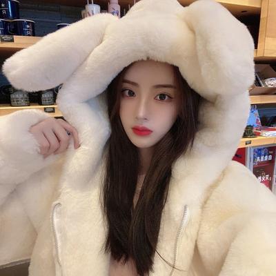 Winter New Imitation Rex Rabbit Fur Thickened Plush Coat Female Cute Ears Hooded Milk Huhu Age Reduction
