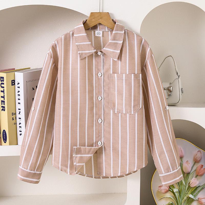 

Детская рубашка 2025 Осень Новая для мальчиков и девочек Повседневная цветной блок Вертикальная полоска Верхняя одежда Базовая рубашка с длинным рукавом Топ 12Y коричневый