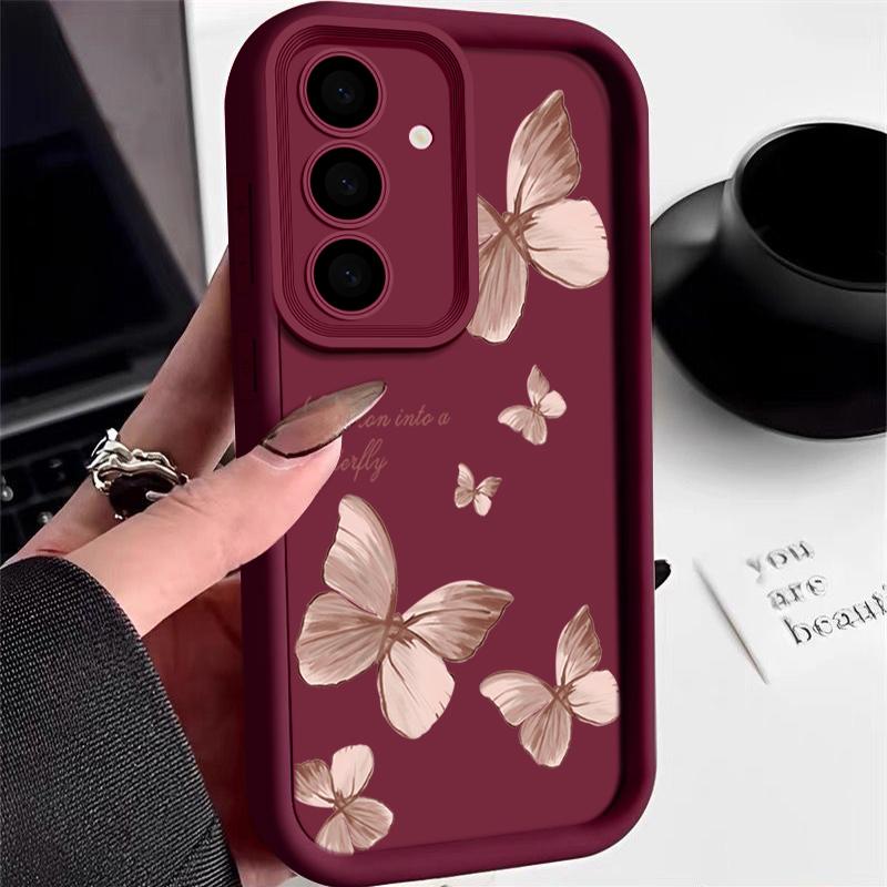 

Матовый противоударный чехол с рисунком бабочки для телефона Samsung S25 Ultra S24 FE S23 Plus S22 A56 A36 A16 A55 A06 A15 A35 A05 A54 TPU мягкий бампер Samsung S24 вино красного