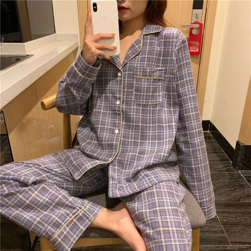 Pajamas Women's Autumn Winter Long Sleeve Long Pants Plaid Cardigan Vintage Red Plaid Wearable Lounge Set Women's University