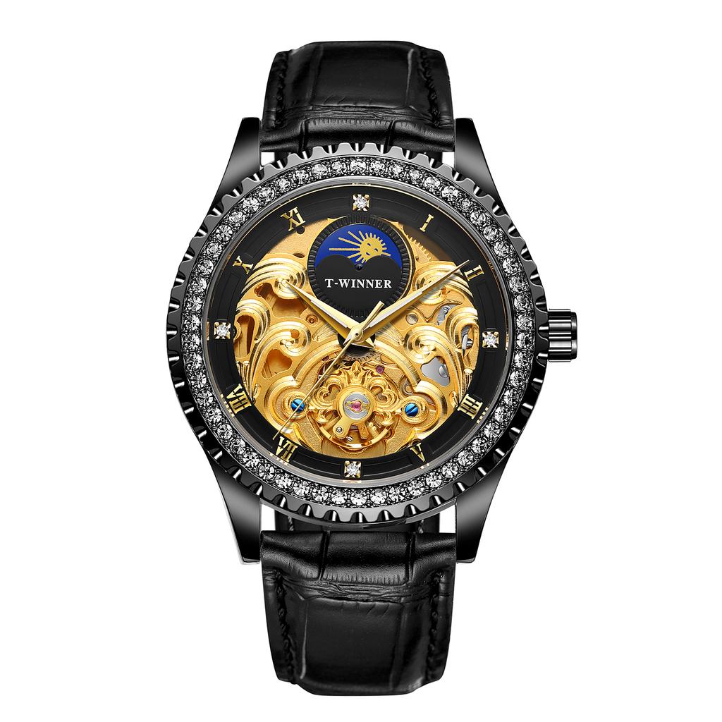 Luxury Men's Gold Case Mechanical Watch with Moon Phase Stainless Steel Strap Waterproof Automatic Wristwatch for Male Fashion
