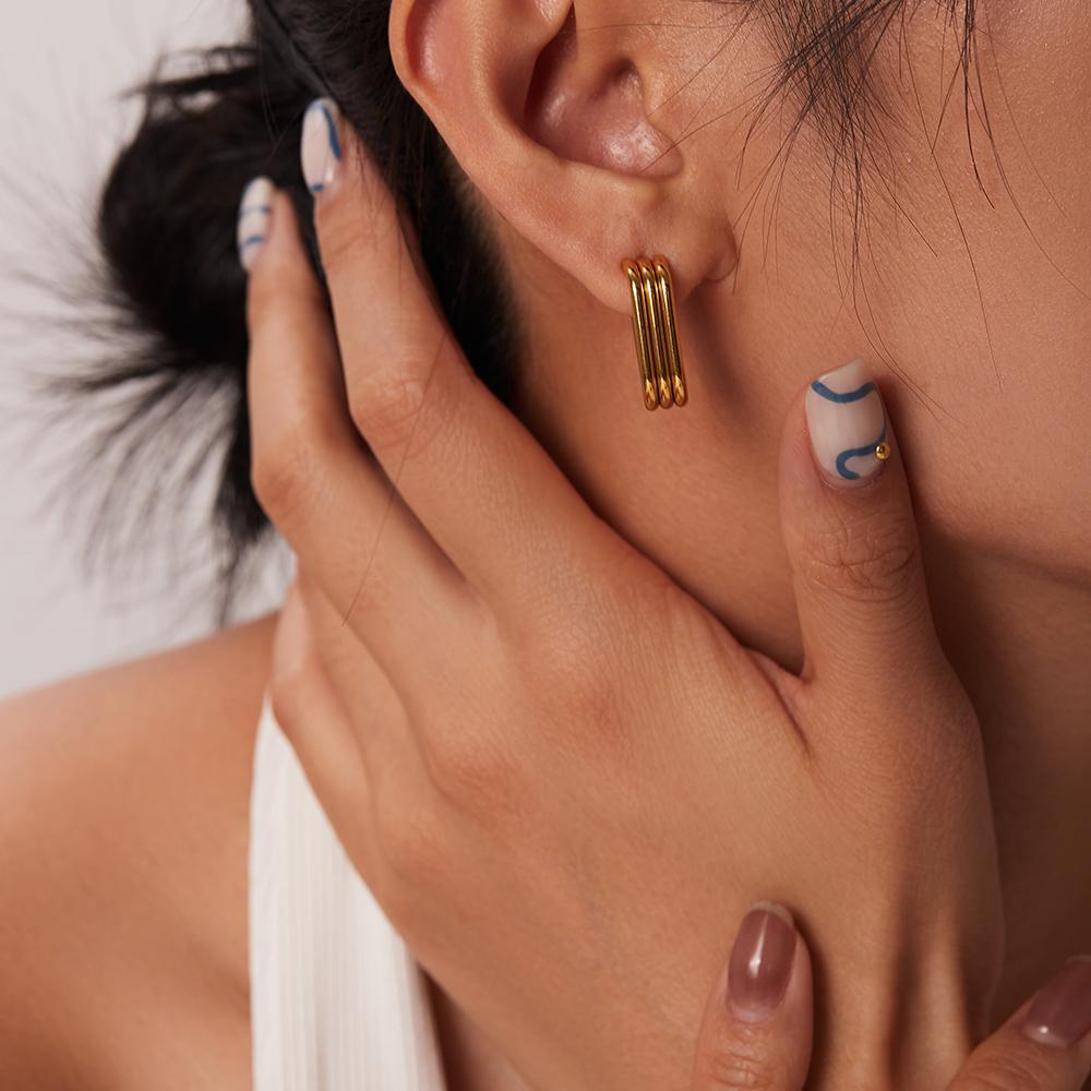 Youthway Three-Layer U-Shaped Open Earrings Stainless Steel  Pvd Gold Plated Fashion Vintage Classic Jewelry Women