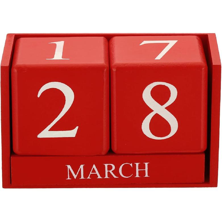 PATIKIL Vintage Wood Block Perpetual Calendar, Reble Wooden Month Date Display Blocks for Desk Office Home Decoration 6.1", Red