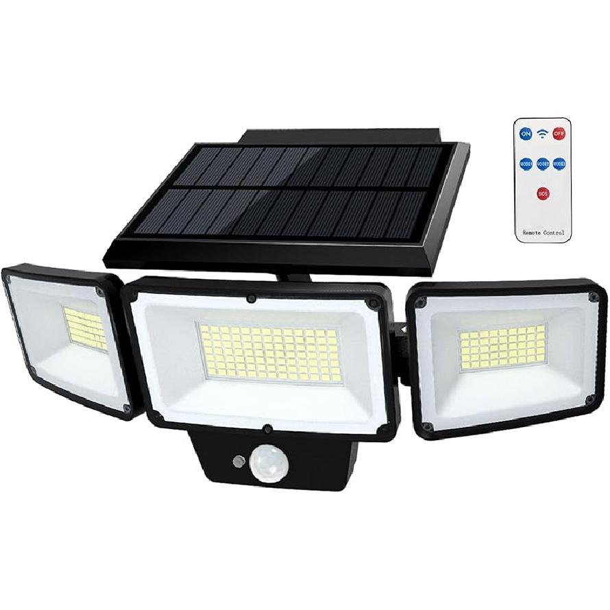 2 Pack Solar Outdoor Lights with Remote Control, Motion Sensor Outdoor Lights with 3 Modes, 3 Heads LED Security Lights, IP65 Waterproof Outdoor