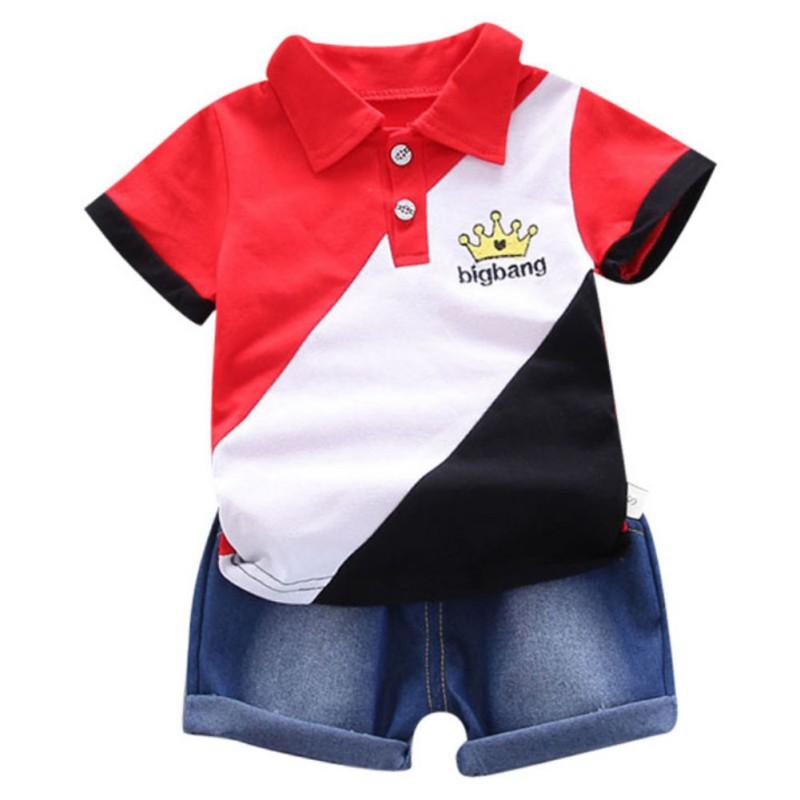 Baby gutter kortermet krone patchwork mønster T-skjorte bluse+denim shorts