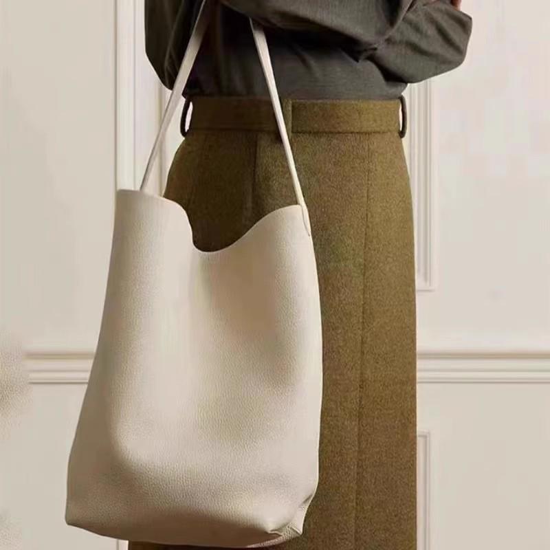 The Row Large Capacity Genuine Leather Lychee Pattern Bucket Tote for School Commuting