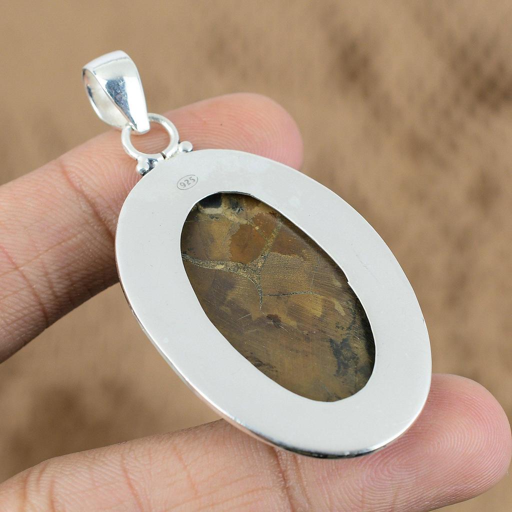Natural Moroccan Mud Crack Fossil Gemstone 925 Sterling Silver Pendant For Women