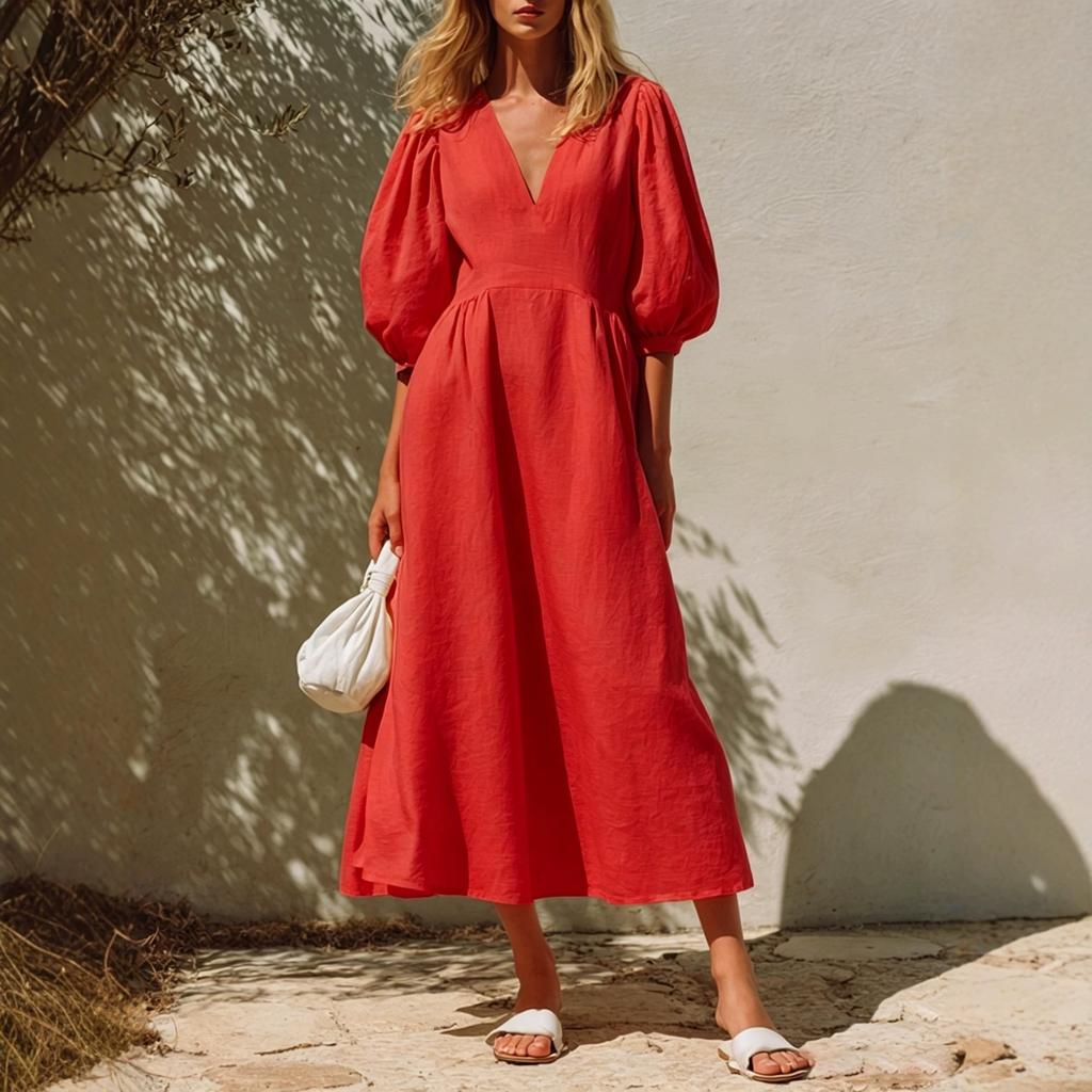 New European and American style cotton and linen dress women's V-neck bubble sleeves waist and thin holiday style medium and long A-shaped skirt
