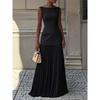 Dames 2-delig Outfit Bootnek Mouwloos Gebreide Top Geplooide Maxi Rok Set Elegante Effen Kleur Bijpassend Pak Voor Feest Dagelijks